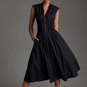 Anthropologie The Tommie Cap-Sleeve Smocked Front-Zip Shirt Dress - M